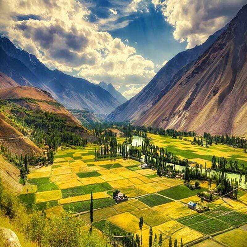 Patchwork of golden and green fields in a wide mountain valley